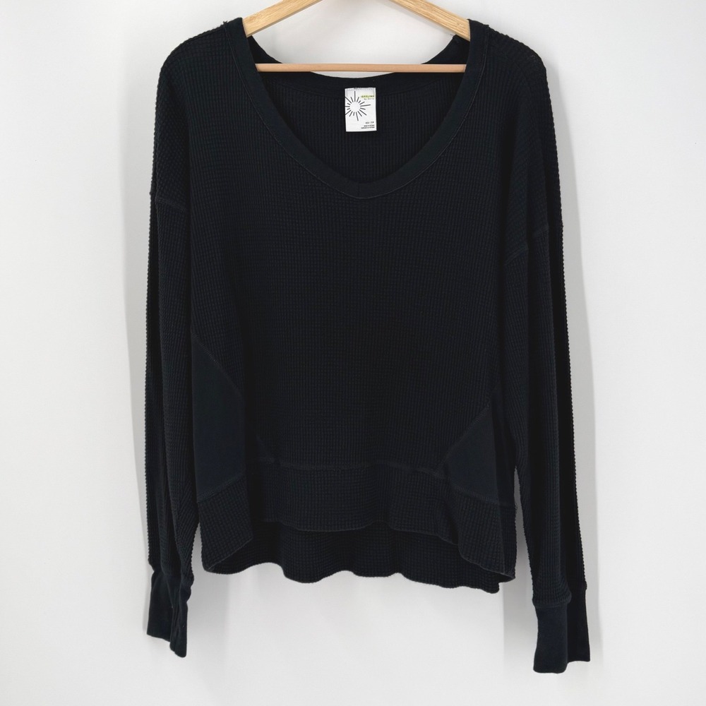 OFFLINE by Aerie Black Waffle Knit V-Neck Long Sleeve Top XS Pullover